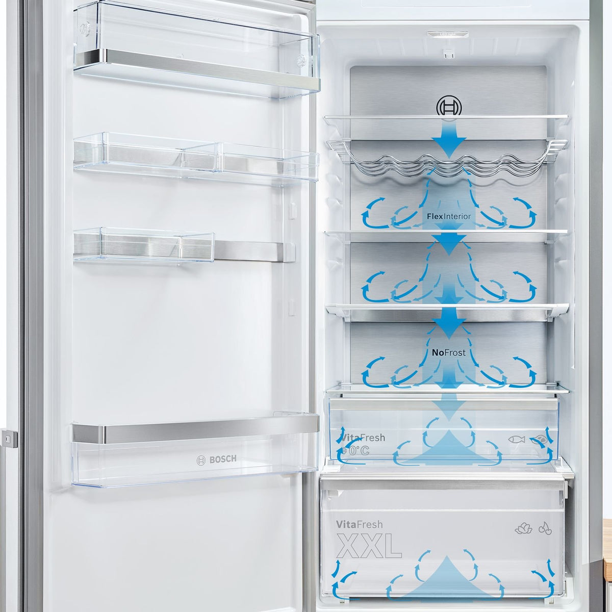 Nærbillede af metalbagvæggen med MultiAirflow i et Bosch køle-/fryseskab