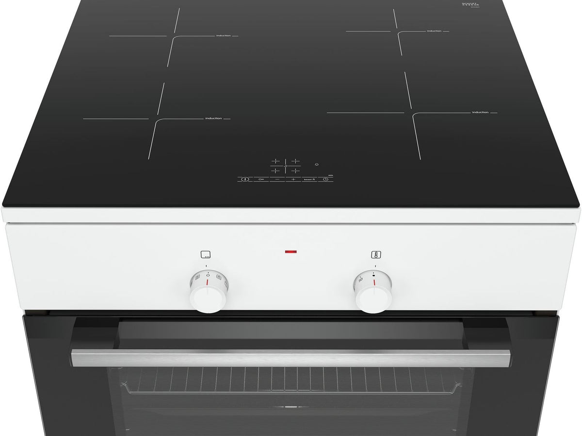 Hvidt Bosch induktionskomfur med sort kogeplade og drejeknapper