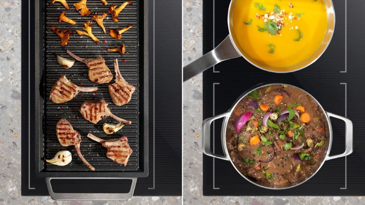 Grillplade og gryder på en Electrolux induktionskogeplade