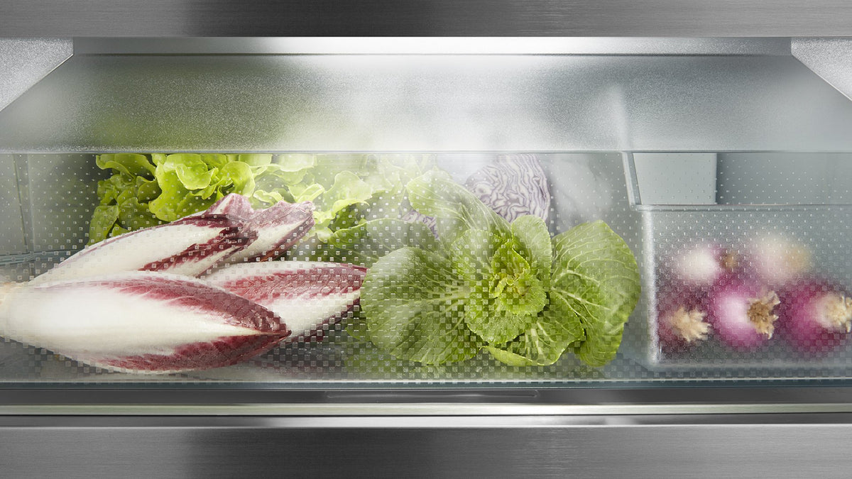 Kølig dis over salat og endivie i en BioFresh-skuffe med HydroBreeze