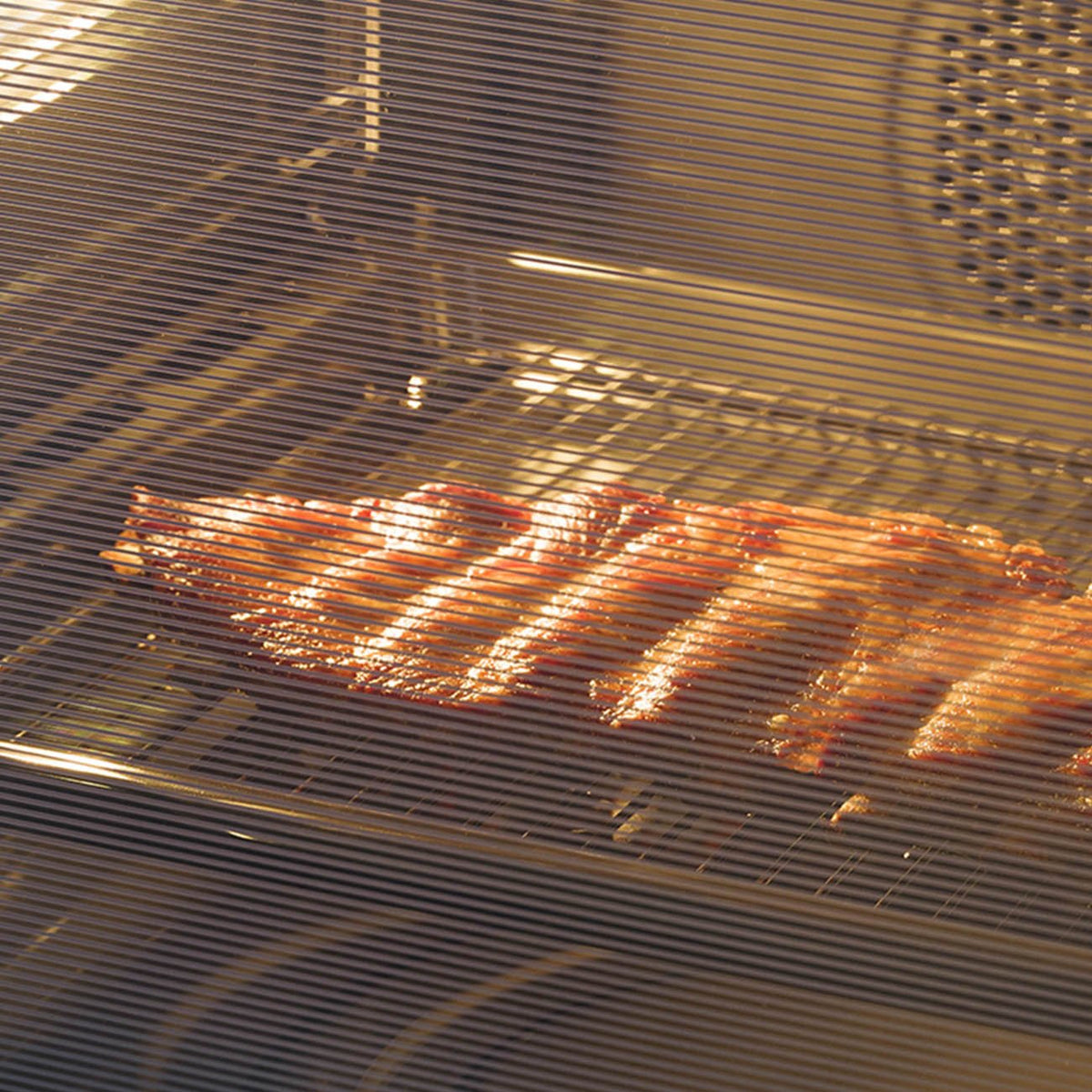 Nærbillede gennem ovnruden af kød, der griller i en Smeg ovn